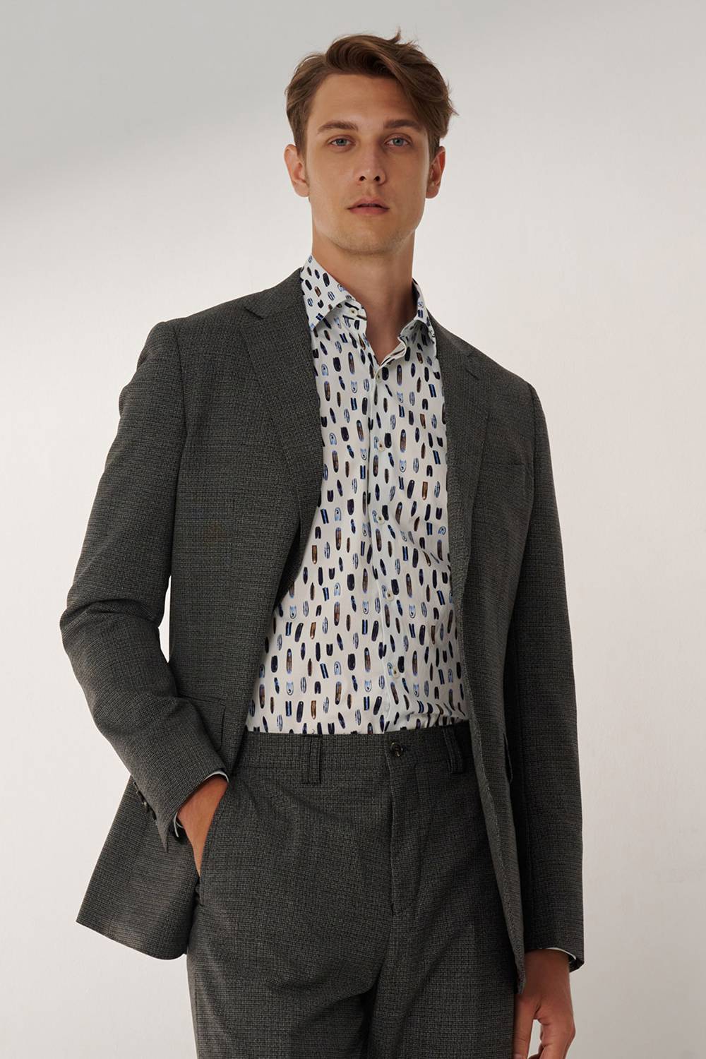 SST&C #Machine Washable Series  Charcoal Gray Check Pattern Slim Fit Suit Jacket | 00012409004_0