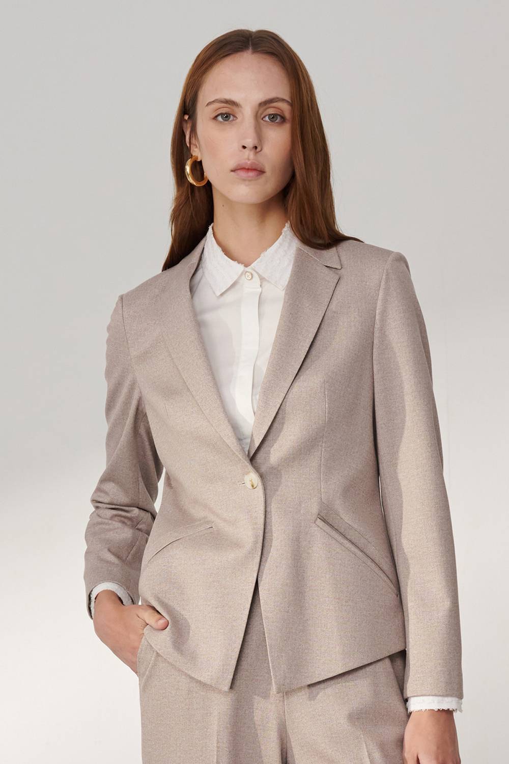 SST&C Light Khaki Twill Stretch-Knit Square-Neck Suit Jacket | 01012409001_0
