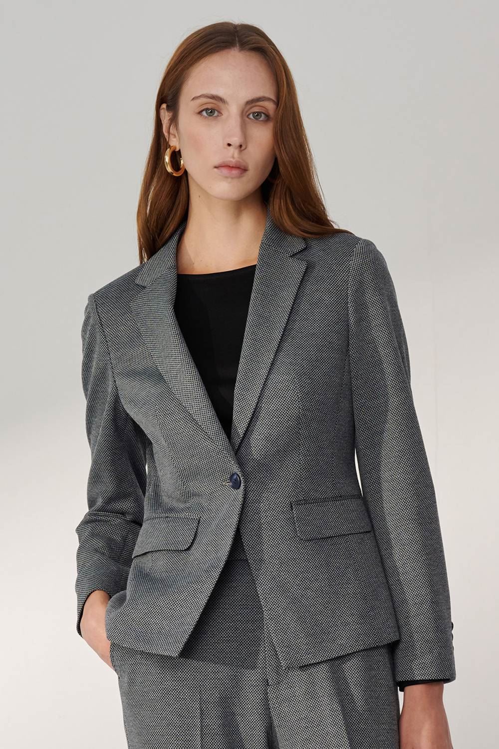 SST&C Dark Blue Diamond Stretch-Knit Square-Neck Suit Jacket | 01012409003_0
