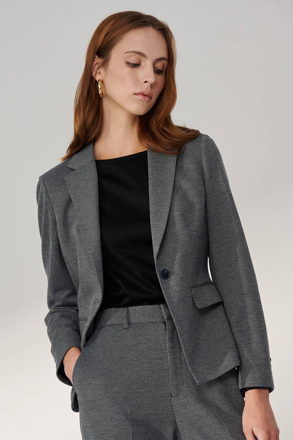 SST&C Dark Blue Diamond Stretch-Knit Square-Neck Suit Jacket | 01012409003_1