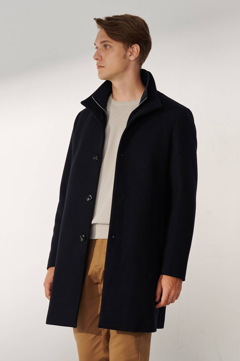 SST&C Navy Blue Fake Two Piece Stand Collar Coat | 00132409001_0