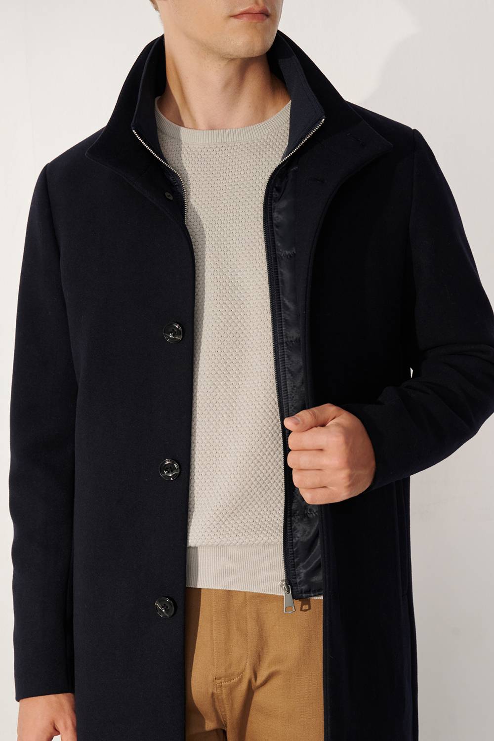 SST&C Navy Blue Fake Two Piece Stand Collar Coat | 00132409001_1
