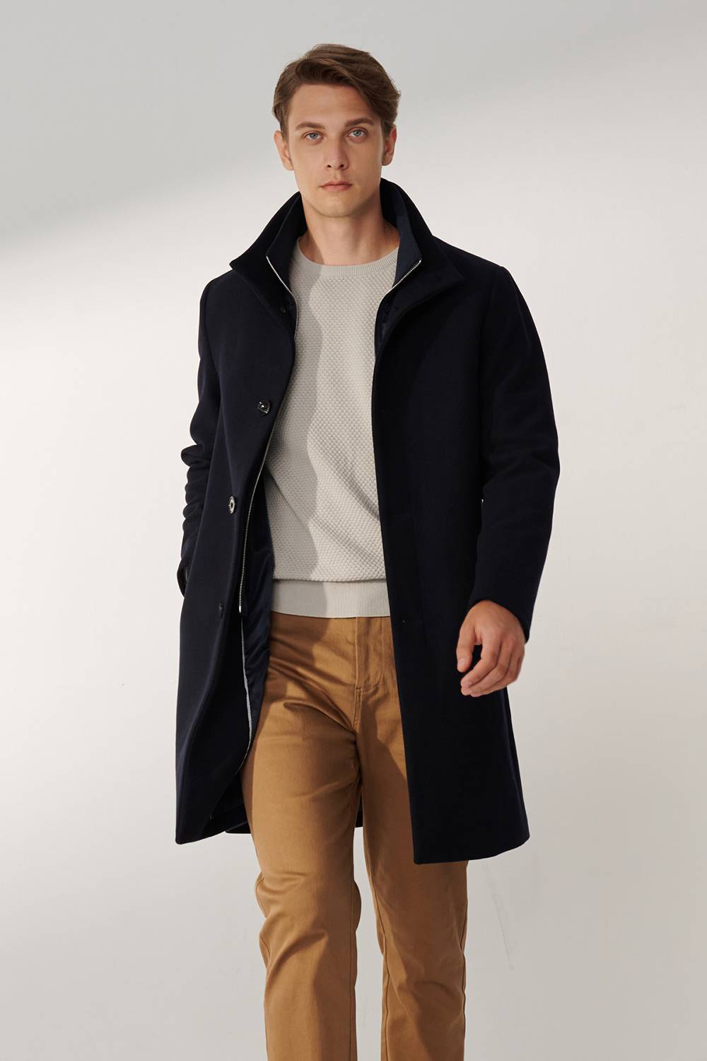 SST&C Navy Blue Fake Two Piece Stand Collar Coat | 00132409001_2