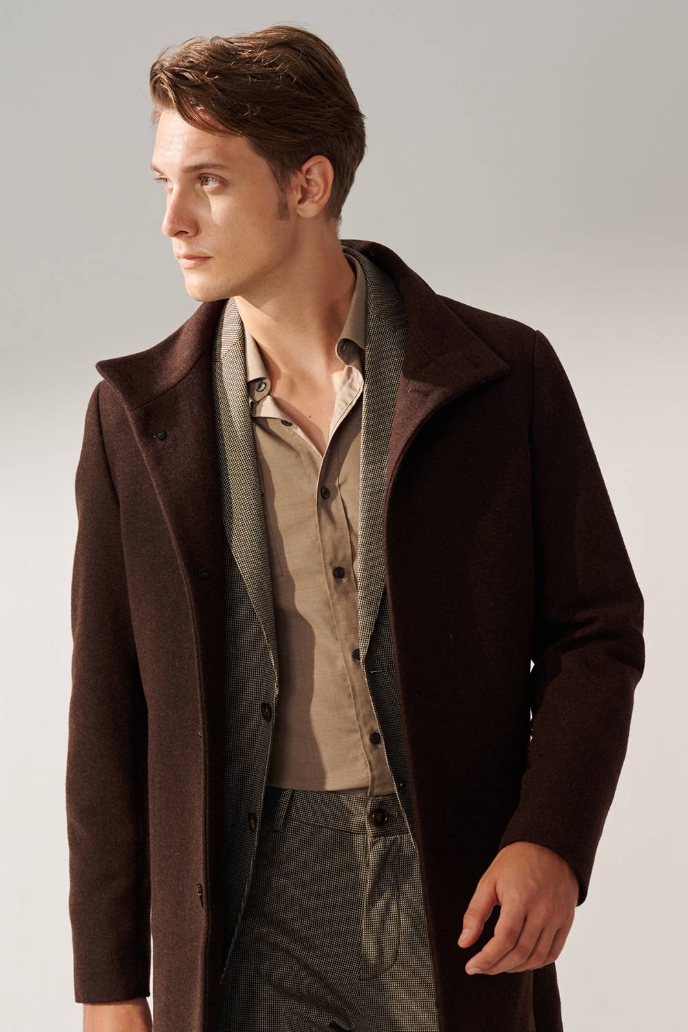 SST&C Brown Fake Two Piece Stand Collar Coat | 00132409003_0