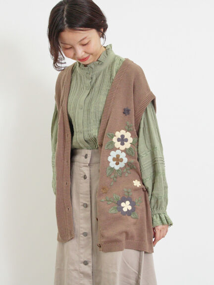 復古感花朵刺繡V領針織背心(FB43L2B0380) - Samansa Mos2