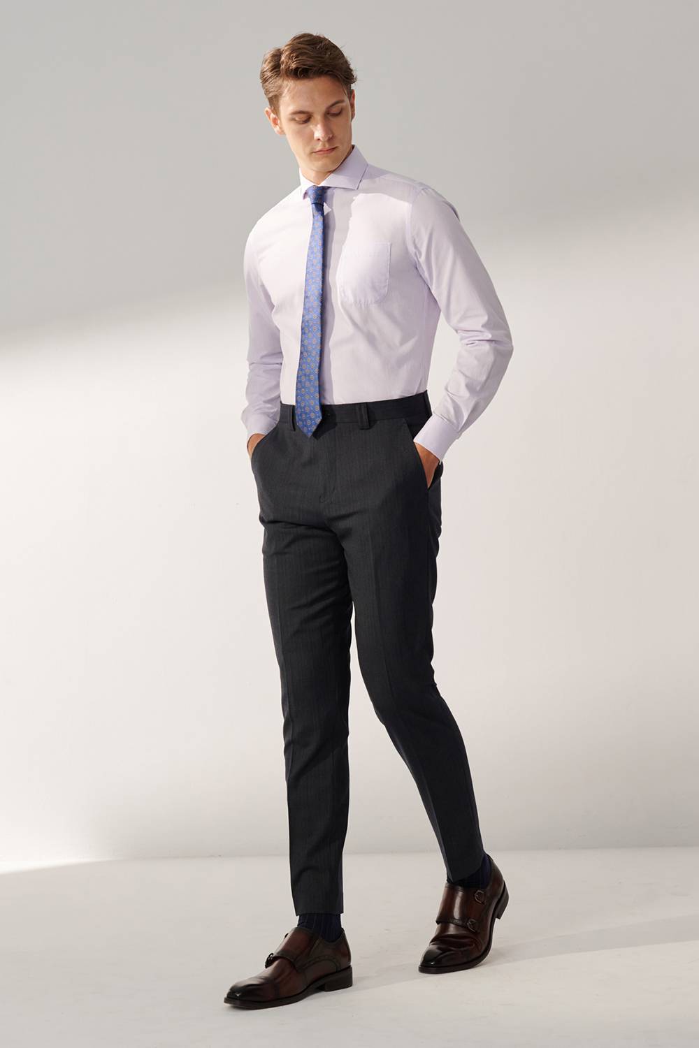 SST&C #Machine Washable Series  Charcoal Gray Striped Pattern Slim Fit Suit Trousers | 00022409005_0