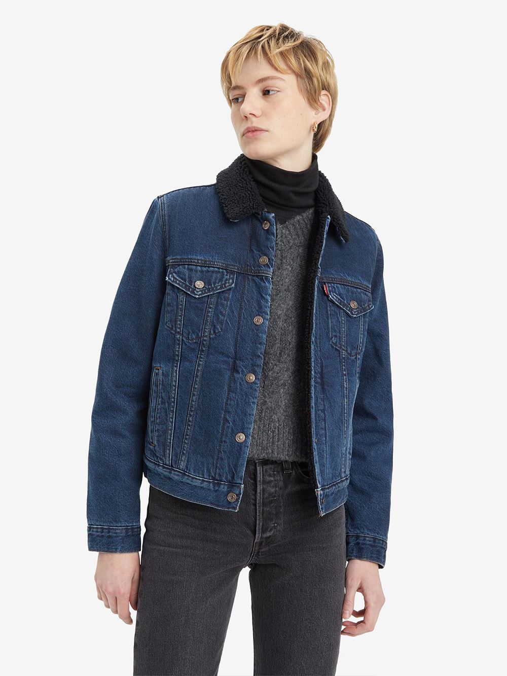 Levi’s® 女款TYPE III SHERPA刷毛翻領三代丹寧牛仔外套 人氣新品