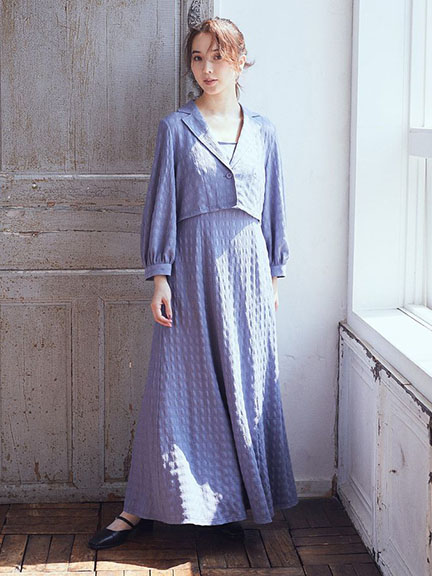 【SET ITEM】格紋緹花襯衫外套+高腰吊帶洋裝(1N43L0H0400) - earth music&ecology