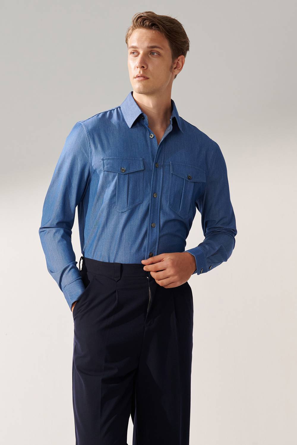 SST&C Sky Blue Double Pocket Casual Denim Shirt | 00082409001_2