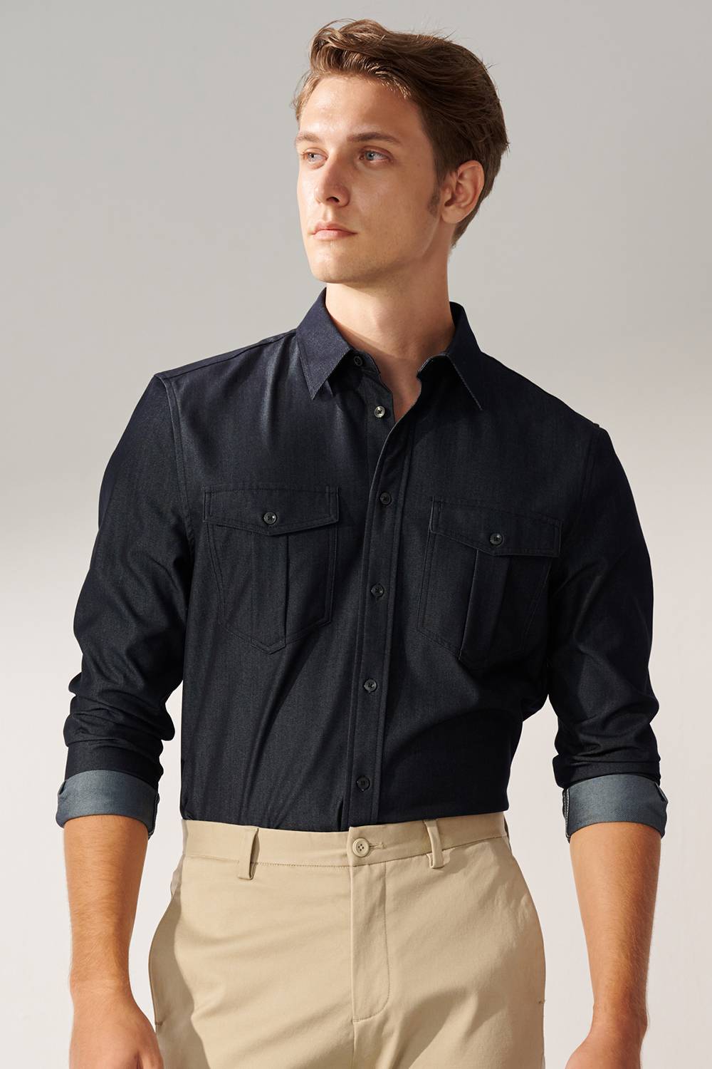SST&C Night Blue Double Pocket Casual Denim Shirt | 00082409002_0