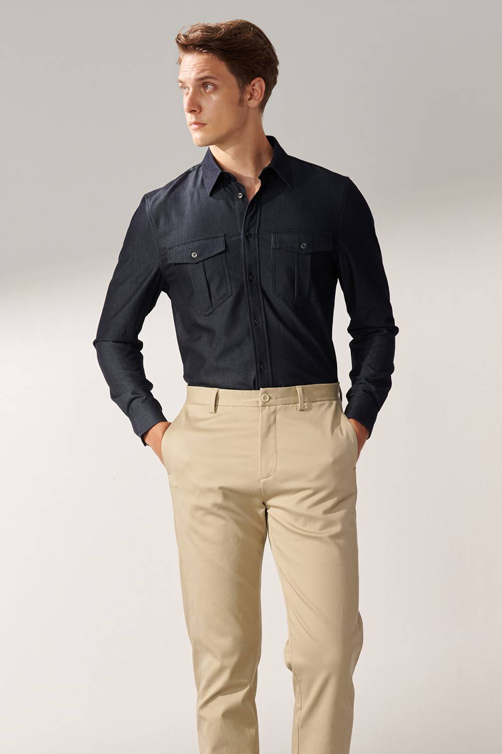 SST&C Night Blue Double Pocket Casual Denim Shirt | 00082409002_2