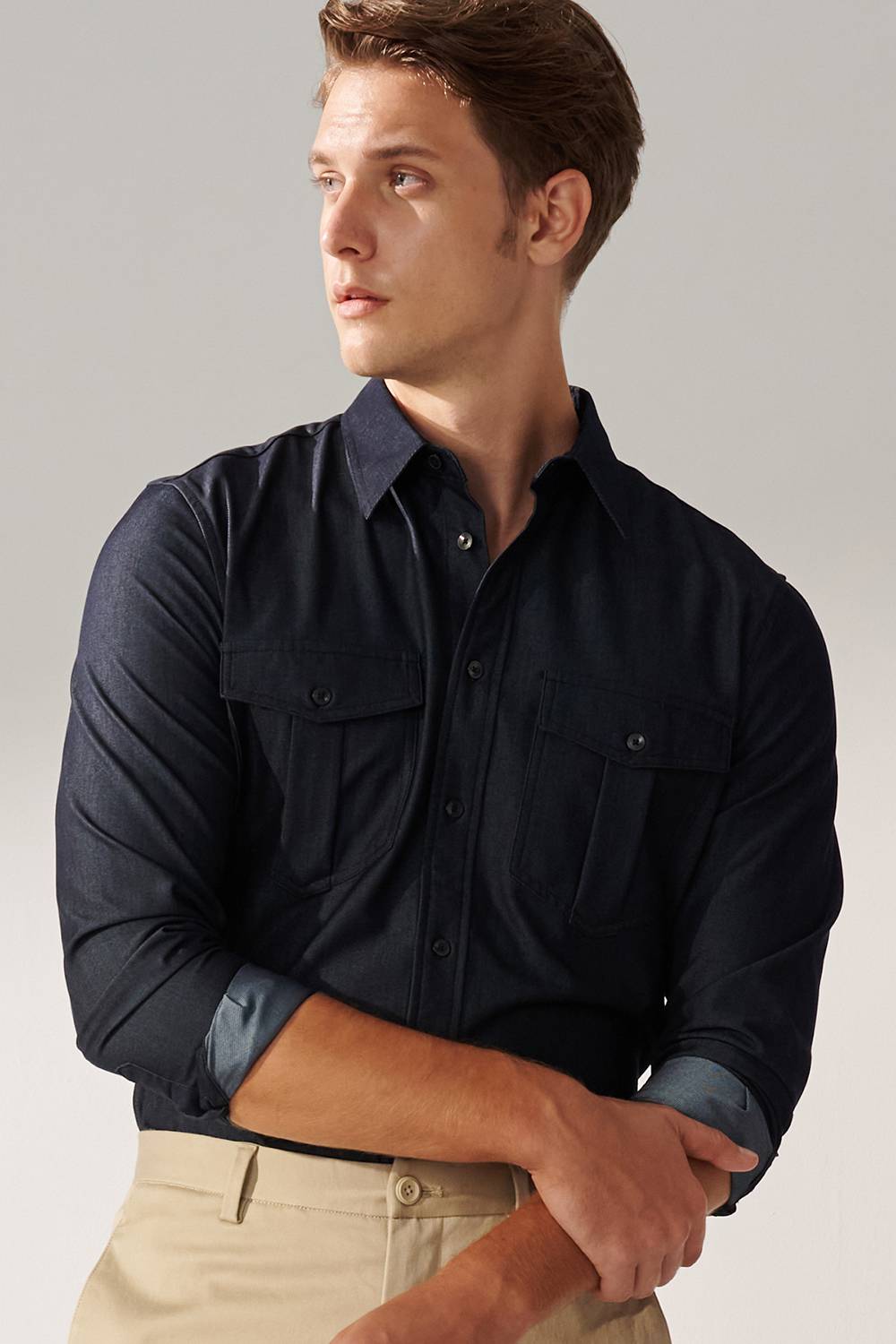 SST&C Night Blue Double Pocket Casual Denim Shirt | 00082409002_4