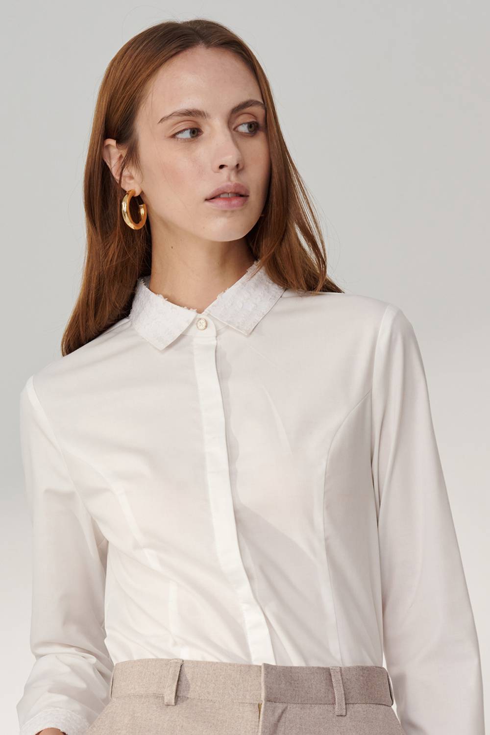 SST&C White Patchwork Square Collar Fitted Shirt | 01062409003_1