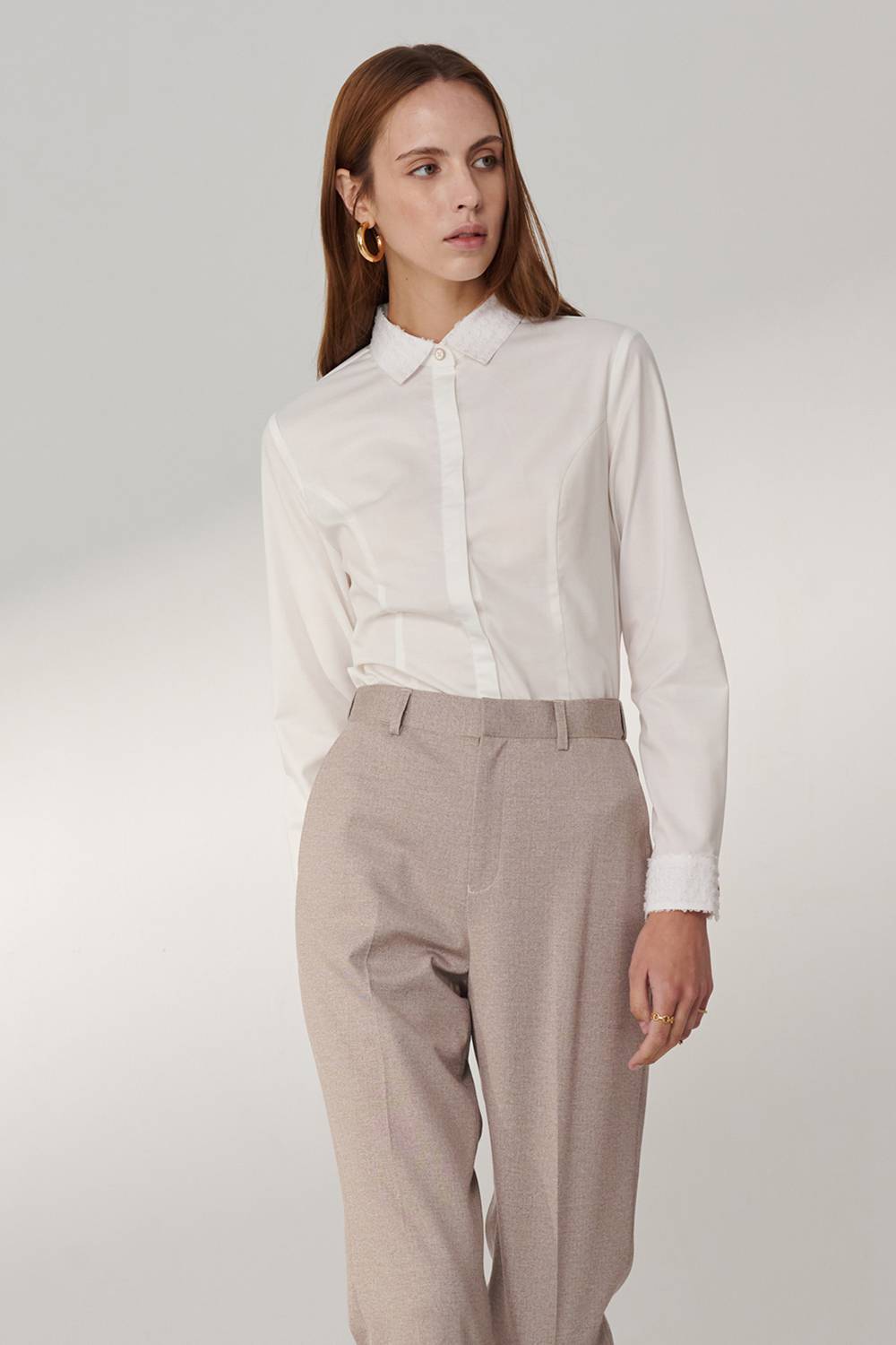 SST&C White Patchwork Square Collar Fitted Shirt | 01062409003_2