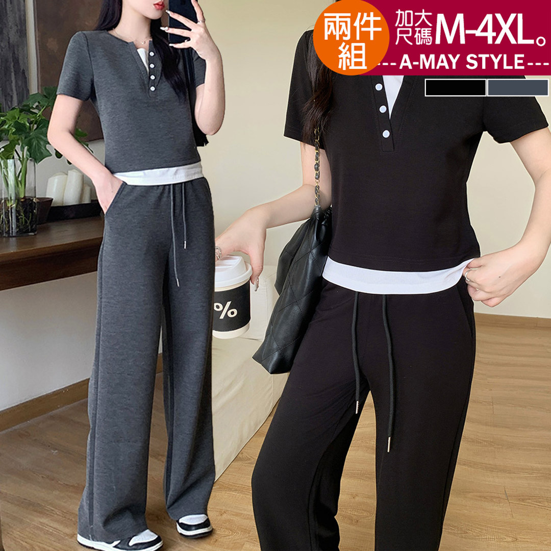 加大碼套裝 假兩件日韓休閒拼色短袖T恤長褲裝(M-4XL)【XMM3258555】＊艾美時尚(現+預)_0