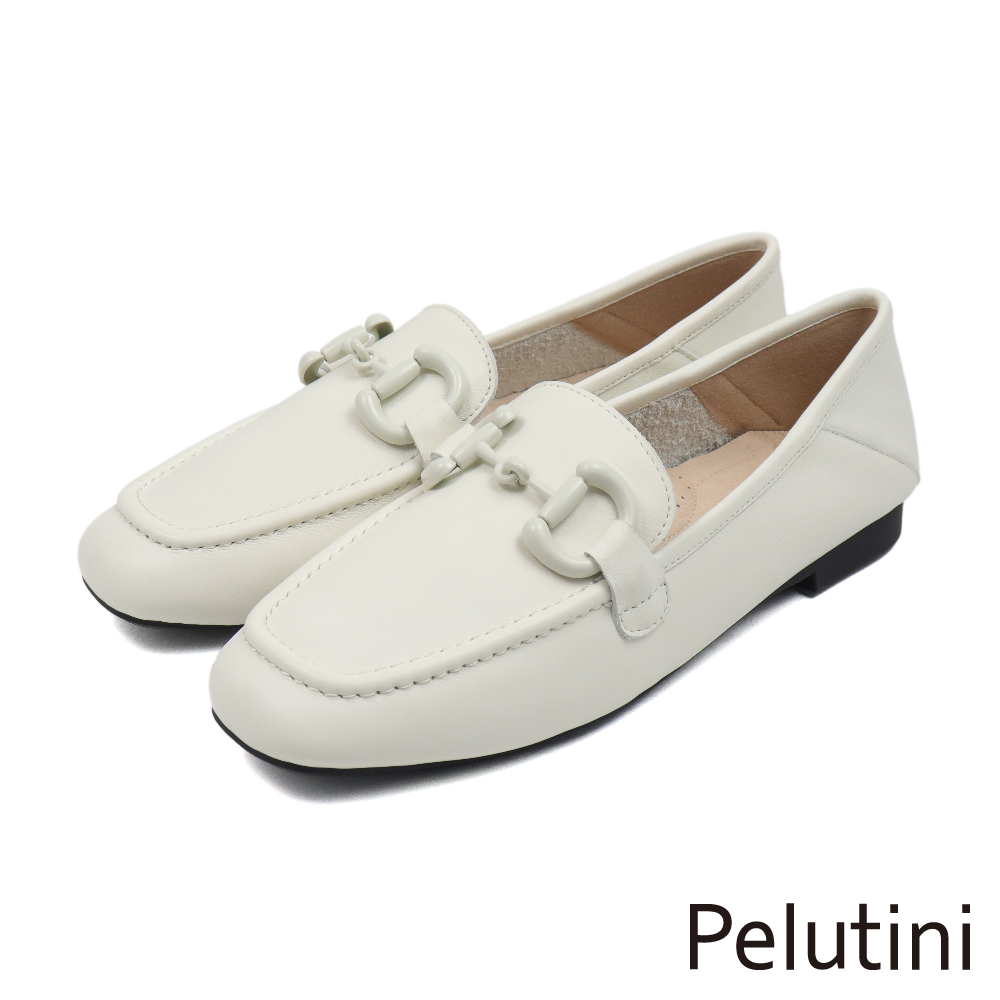 【Pelutini】經典素面D型馬銜扣樂福鞋 白色(431106W-WH)