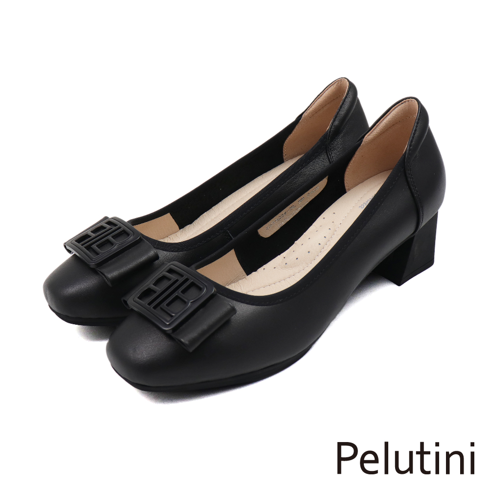【Pelutini】經典造型釦飾淑女粗跟鞋 黑色(433103W-BL)