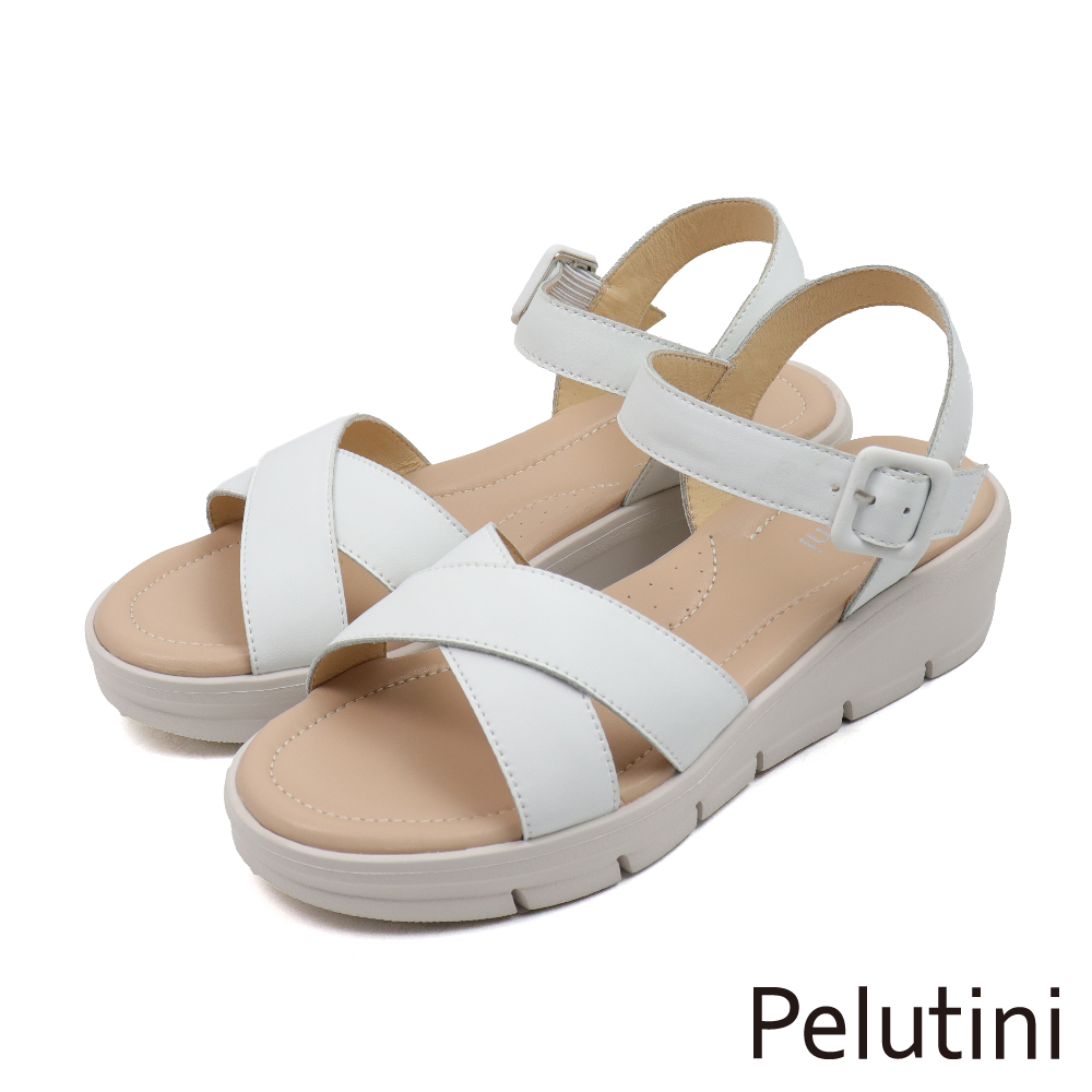 【Pelutini】超柔軟厚底增高軟墊交叉造型涼鞋 白色(443102W-WH)