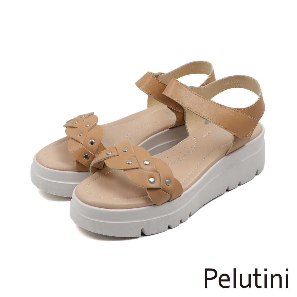 【Pelutini】超柔軟厚底增高軟墊編織造型涼鞋 棕色(443103W-BR)