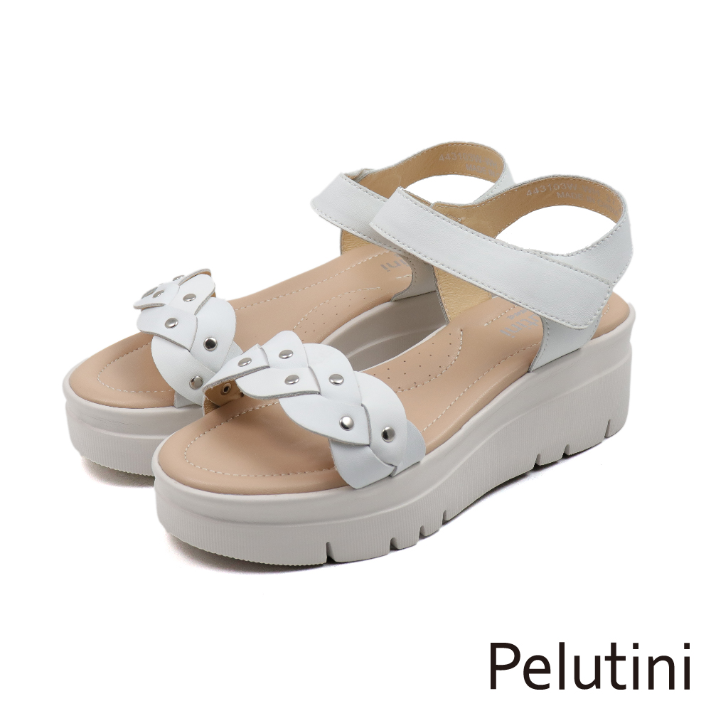 【Pelutini】超柔軟厚底增高軟墊編織造型涼鞋 白色(443103W-WH)