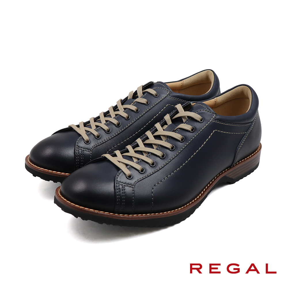 【REGAL】日本原廠皮質壓線造型綁帶休閒鞋 藍色(60EL-NAVY)