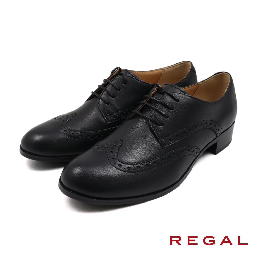 【REGAL】日本原廠經典翼紋雕花粗跟德比鞋 黑色(H820-BL)