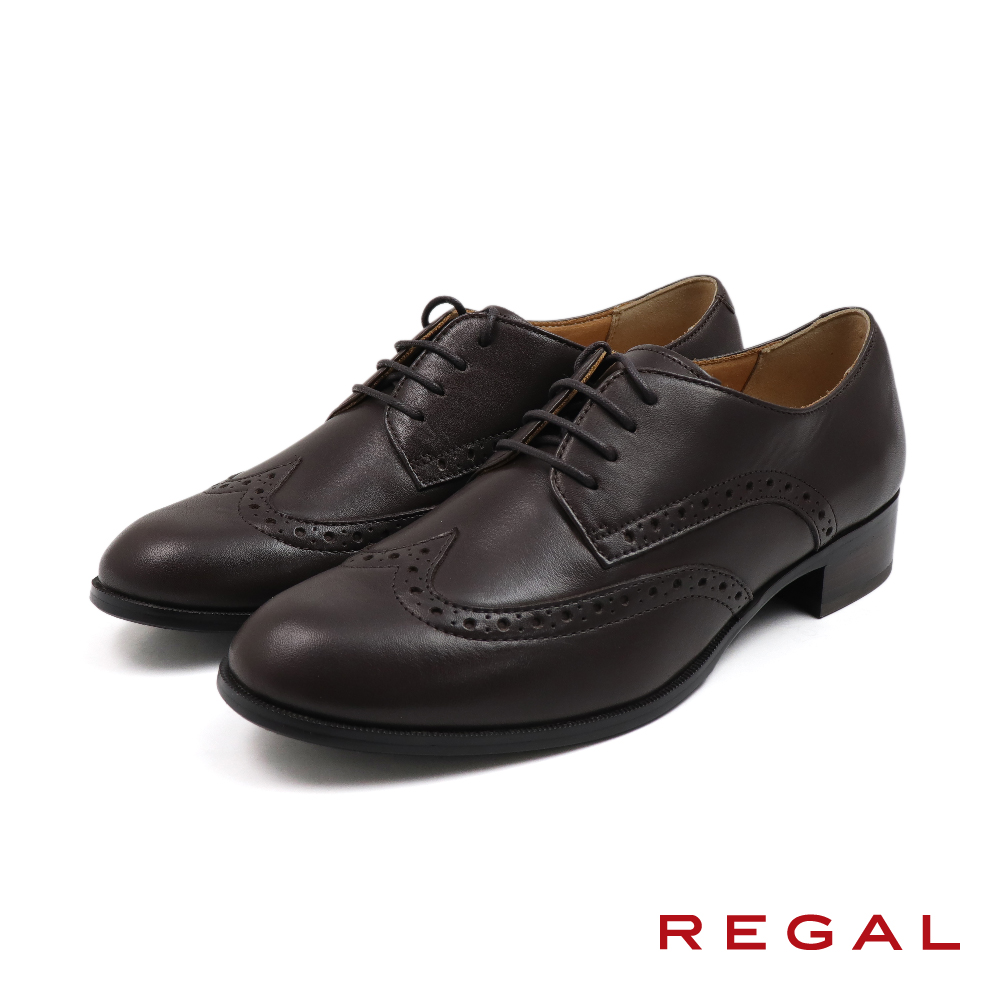 【REGAL】日本原廠經典翼紋雕花粗跟德比鞋 棕色(H820-DN)