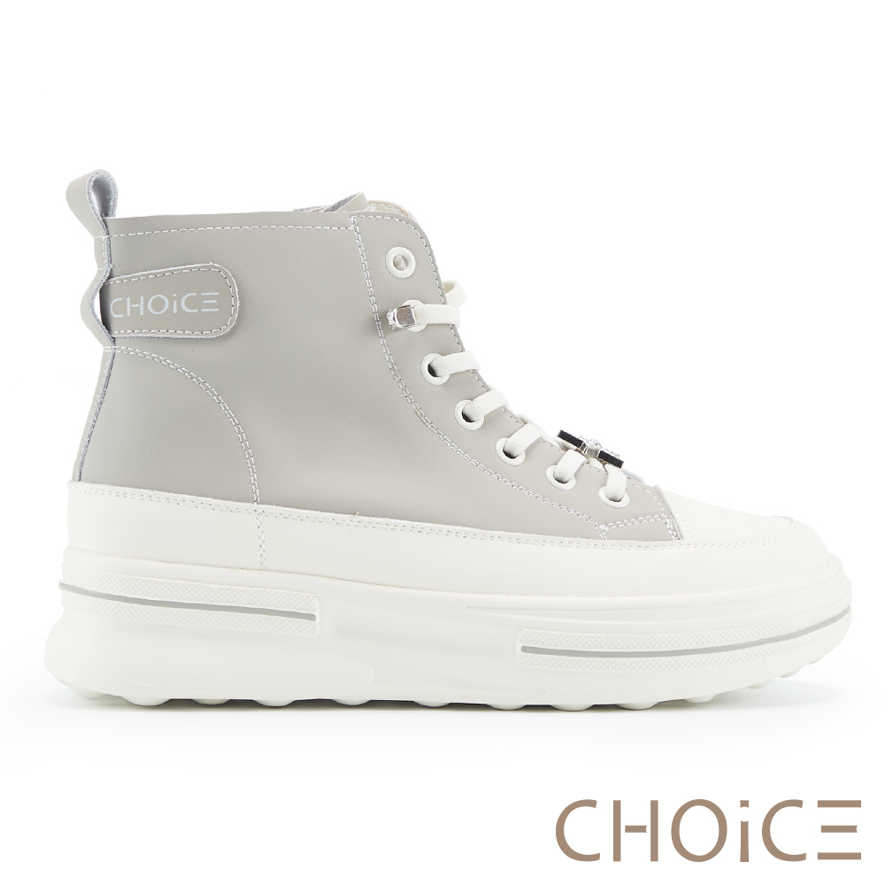 CHOiCE 舒適牛皮厚底高筒休閒鞋 灰色 #37902