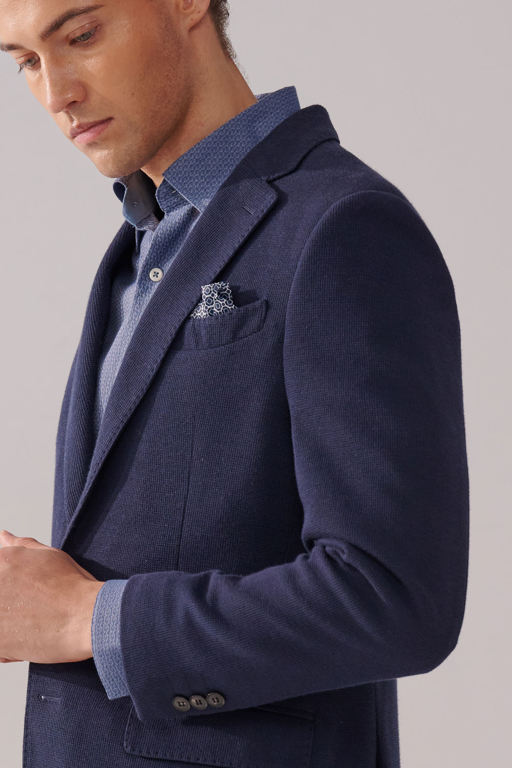 SST&C Navy Textured Slim Fit Stretch Knit Casual Suit Jacket | 00112409001_1