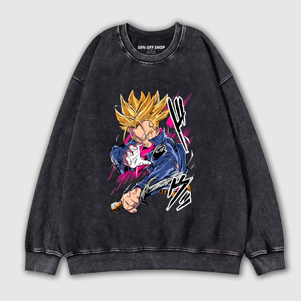 戰鬥中的特南克斯 TRUNKS 超級賽亞人 七龍珠 做舊水洗純棉大學T 男女衛衣 台灣製原創動_0