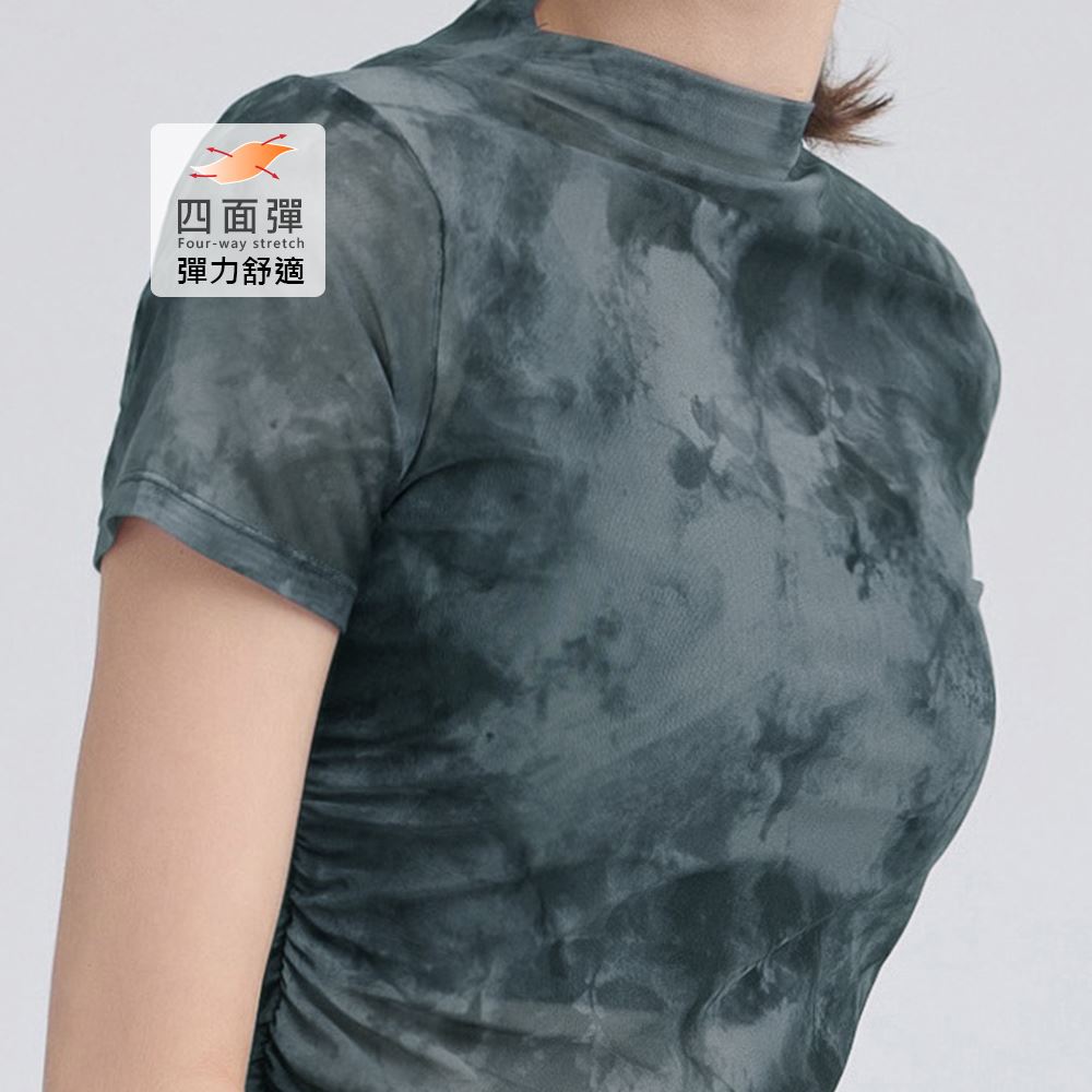 元動力 隕石灰渲染印花立領網紗上衣(黑；S-L)_2