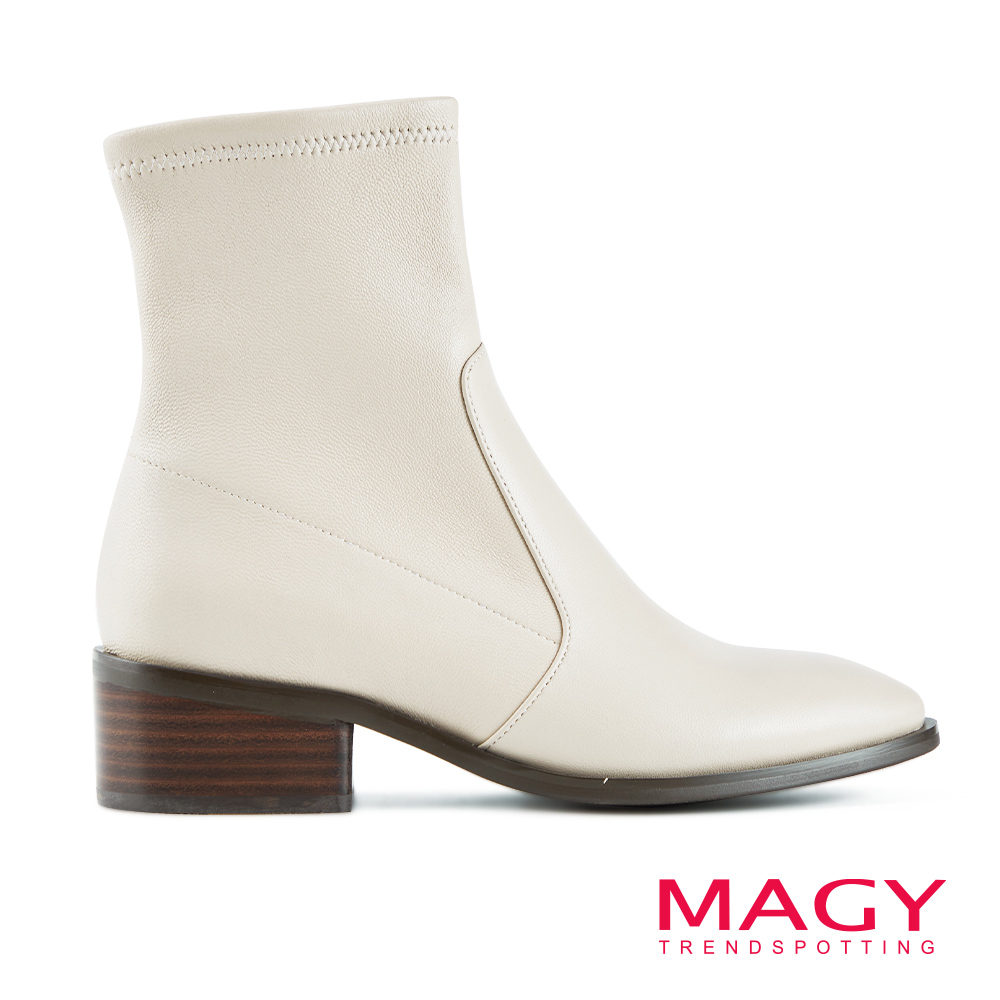 MAGY 極簡素面顯瘦彈力羊皮中跟襪靴 米色 #14903