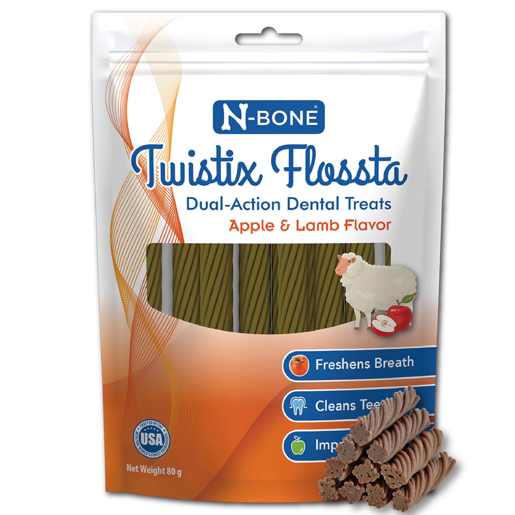 Flossta® 芙洛塔 雙效螺旋潔牙條 短支 蘋果羊肉風味 80g/包 共3包_1