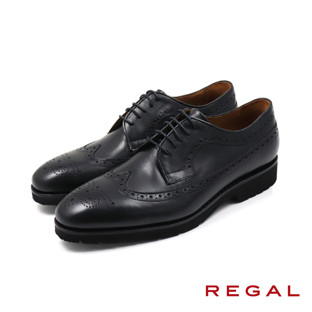 【REGAL】日本超輕量經典翼紋雕花綁帶德比鞋 黑色(UC16-BL)