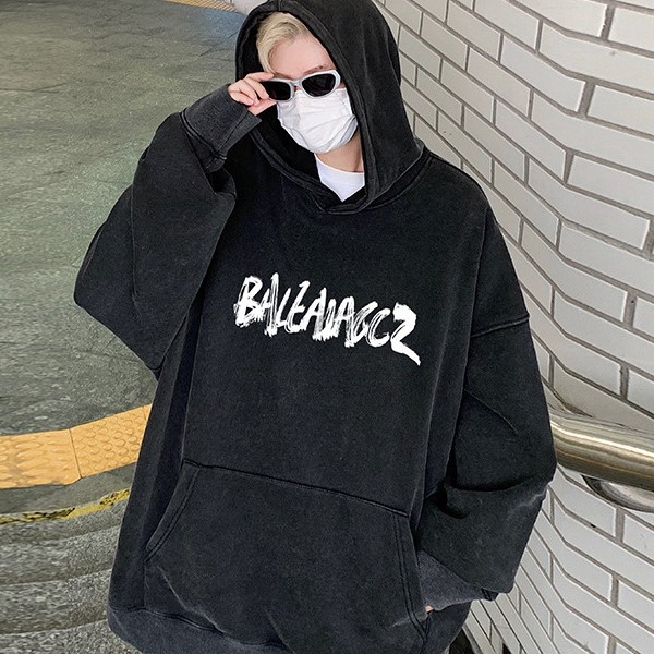 手寫感英文字母水洗落肩純棉連帽大學TEE 重磅連帽衛衣_0