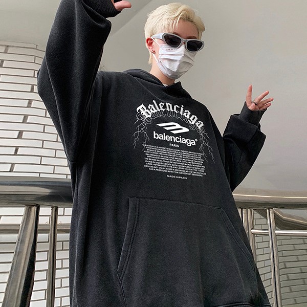 BALENCIAGA藤蔓水洗落肩純棉連帽大學TEE 重磅連帽衛衣_0