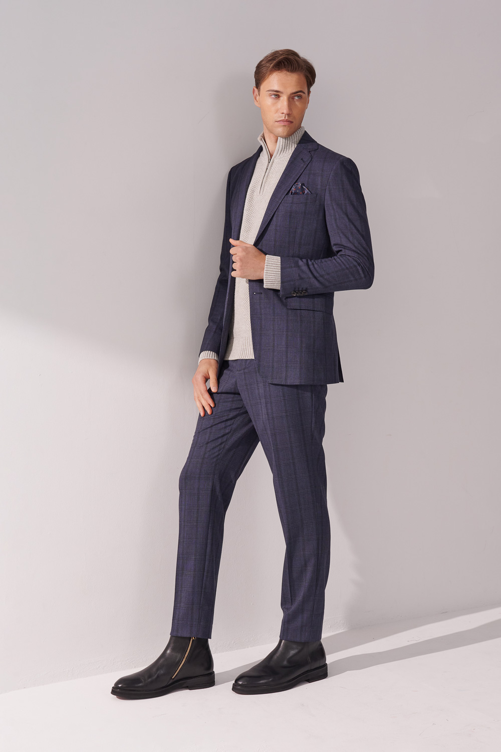 SST&C Navy Check Pattern Slim Fit Suit Trousers | 00022410001_0