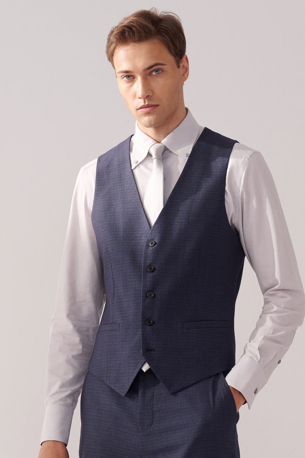 SST&C Navy Textured Classic Suit Vest | 00032410003_0