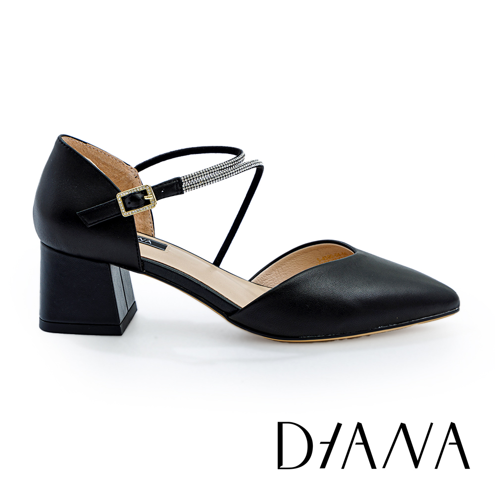DIANA 優雅氣質晶鑽繫帶尖頭中跟鞋 黑色 #55101