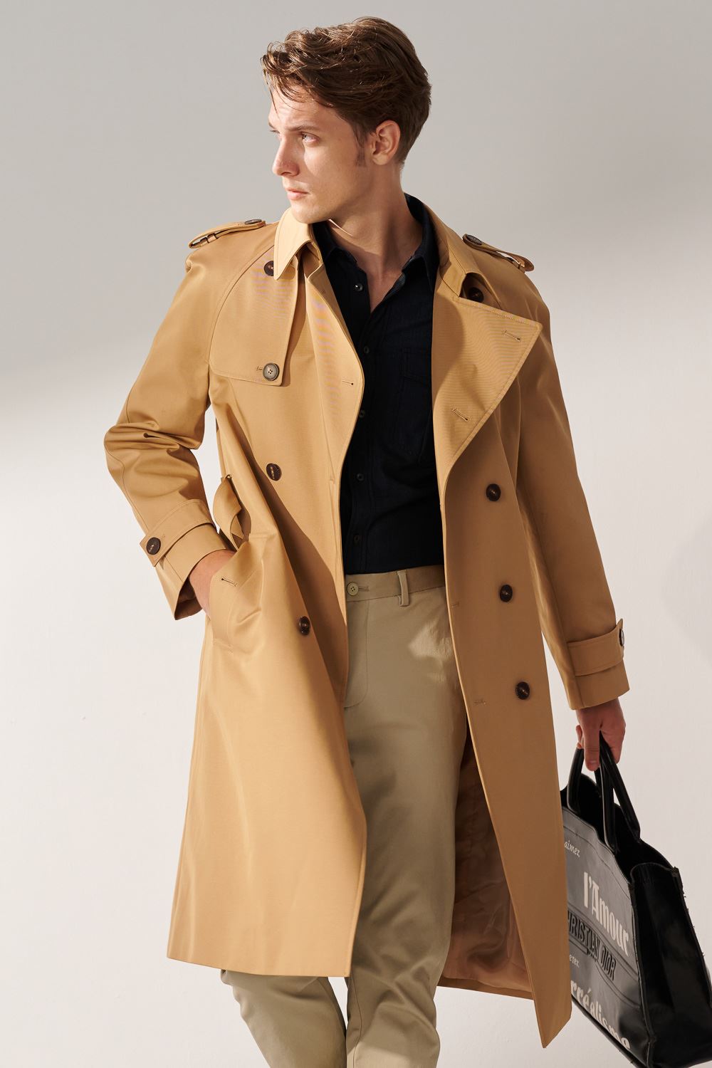 SST&C Khaki Double-Breasted Long Trench Coat | 00142410003_0