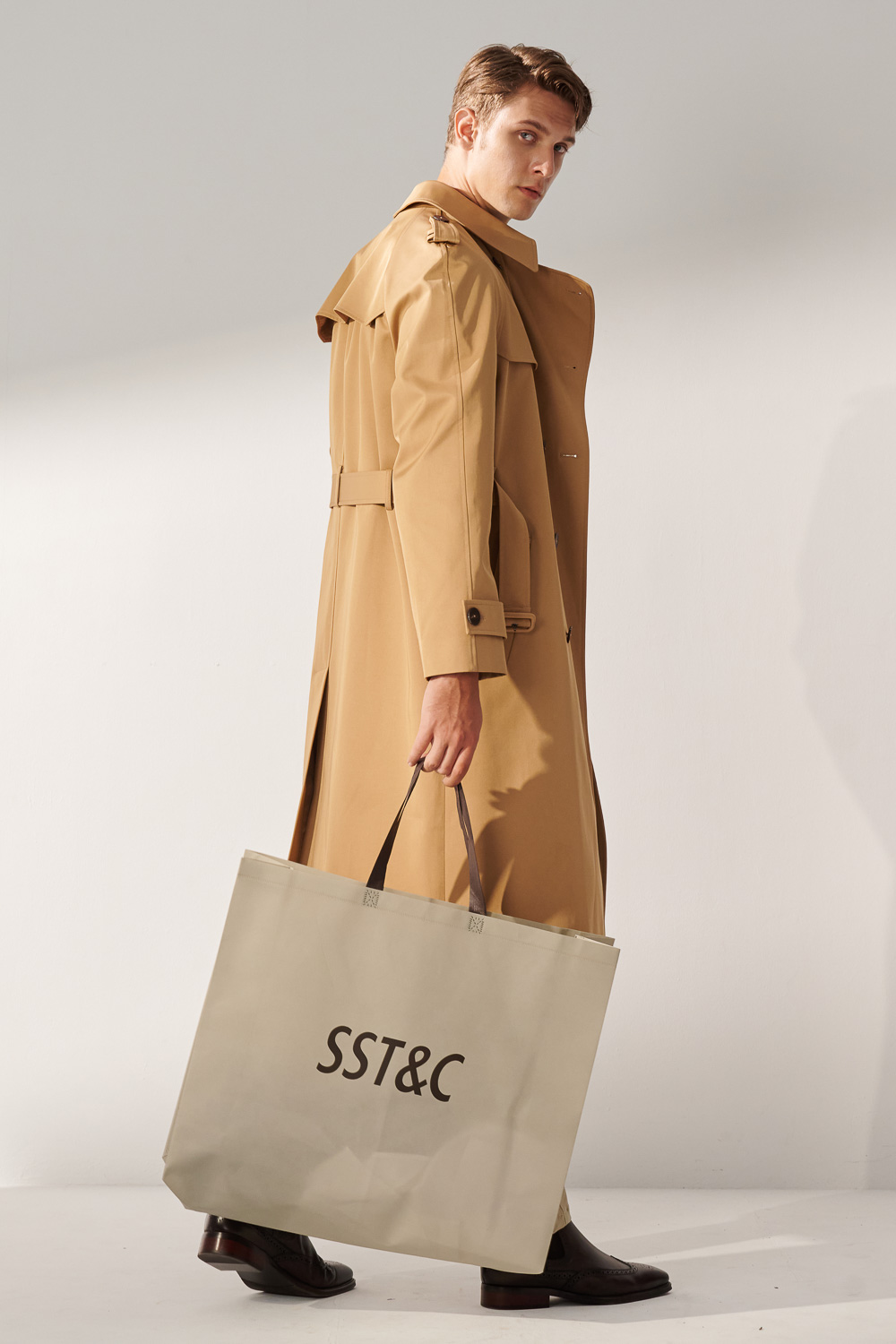 SST&C Khaki Double-Breasted Long Trench Coat | 00142410003_4