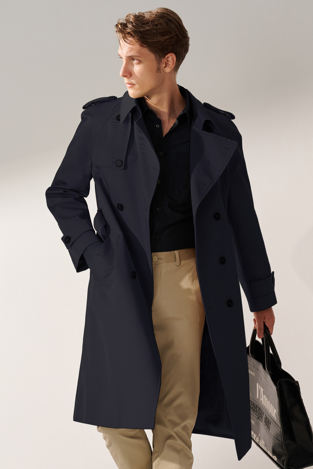 SST&C Black Double-Breasted Long Trench Coat | 00142410004_1