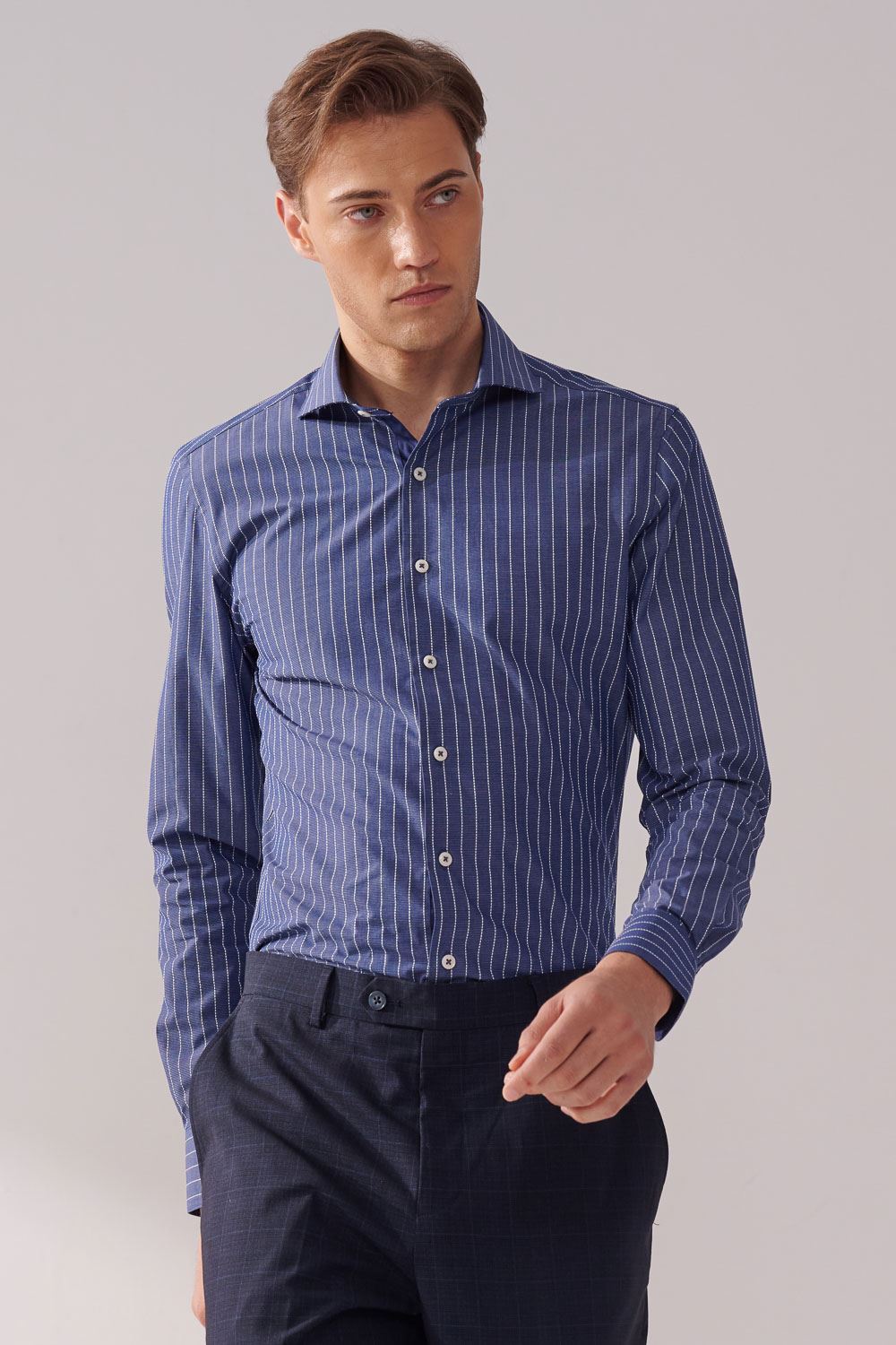 SST&C Blue and White Striped Pattern Textured Slim Fit Shirt | 00062410004_0