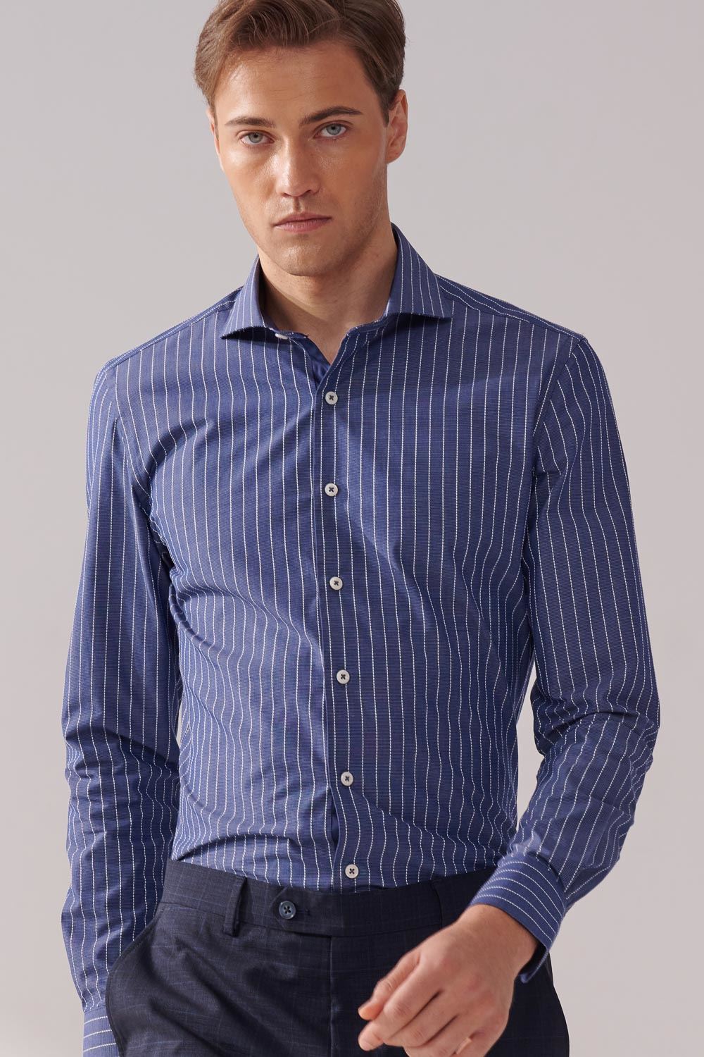 SST&C Blue and White Striped Pattern Textured Slim Fit Shirt | 00062410004_1
