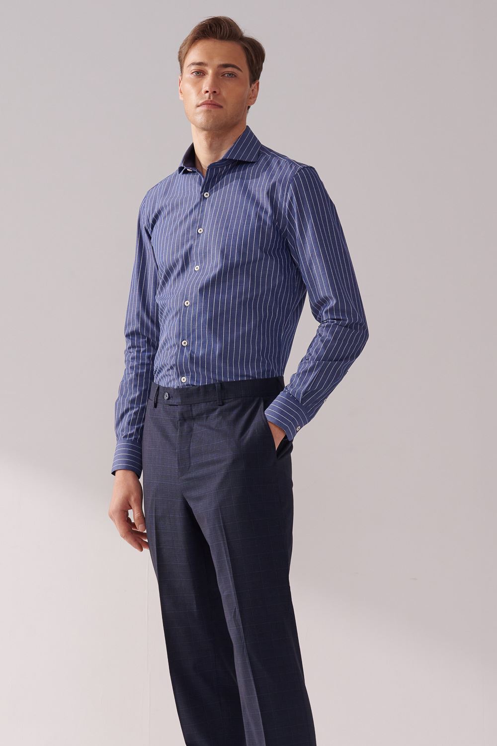 SST&C Blue and White Striped Pattern Textured Slim Fit Shirt | 00062410004_2