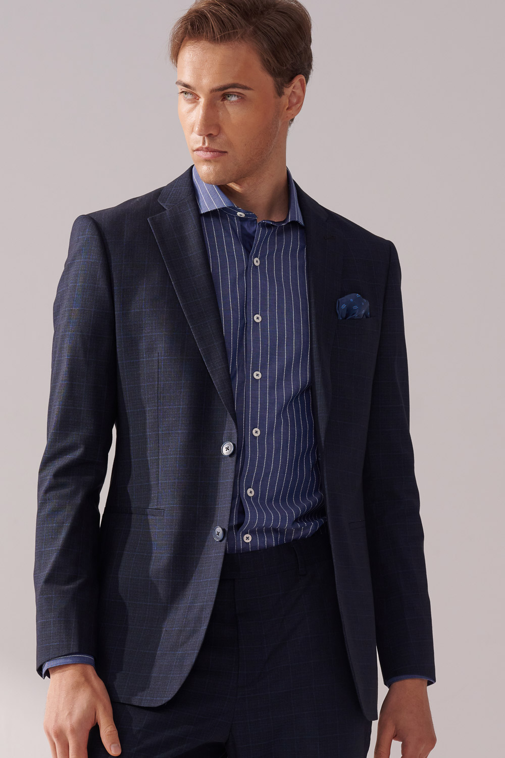 SST&C Blue and White Striped Pattern Textured Slim Fit Shirt | 00062410004_4