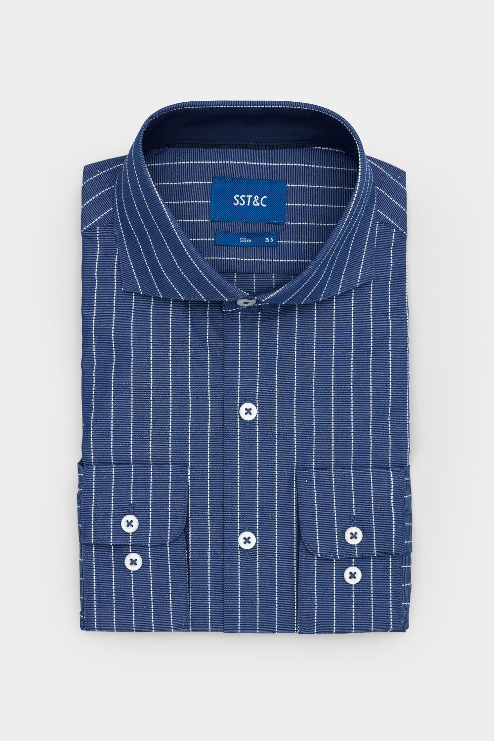 SST&C Blue and White Striped Pattern Textured Slim Fit Shirt | 00062410004_6