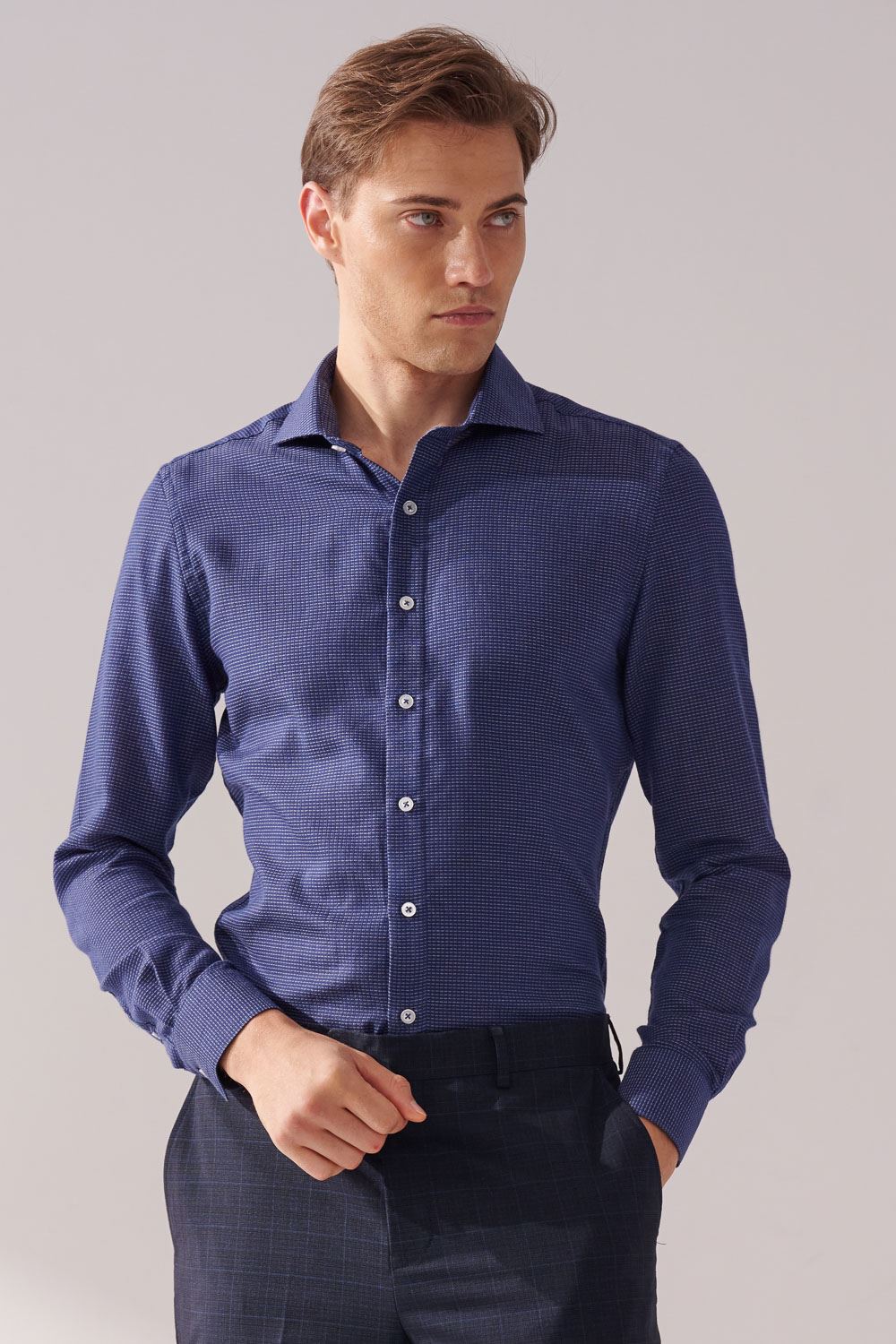 SST&C Dark Blue and White Textured Slim Fit Shirt | 00062410010_0