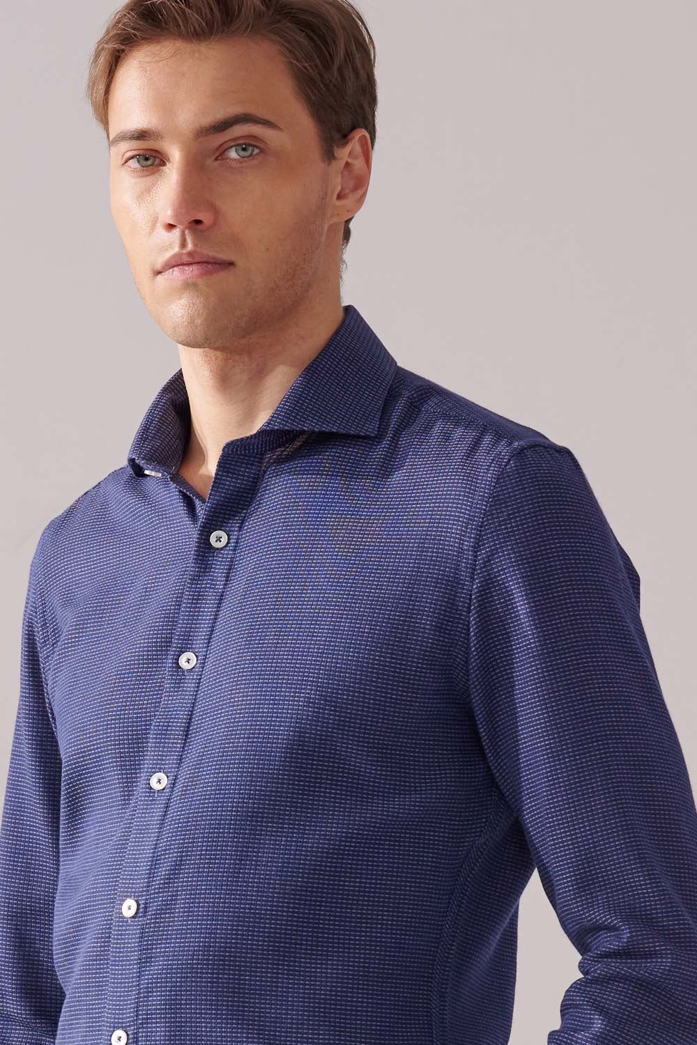 SST&C Dark Blue and White Textured Slim Fit Shirt | 00062410010_1
