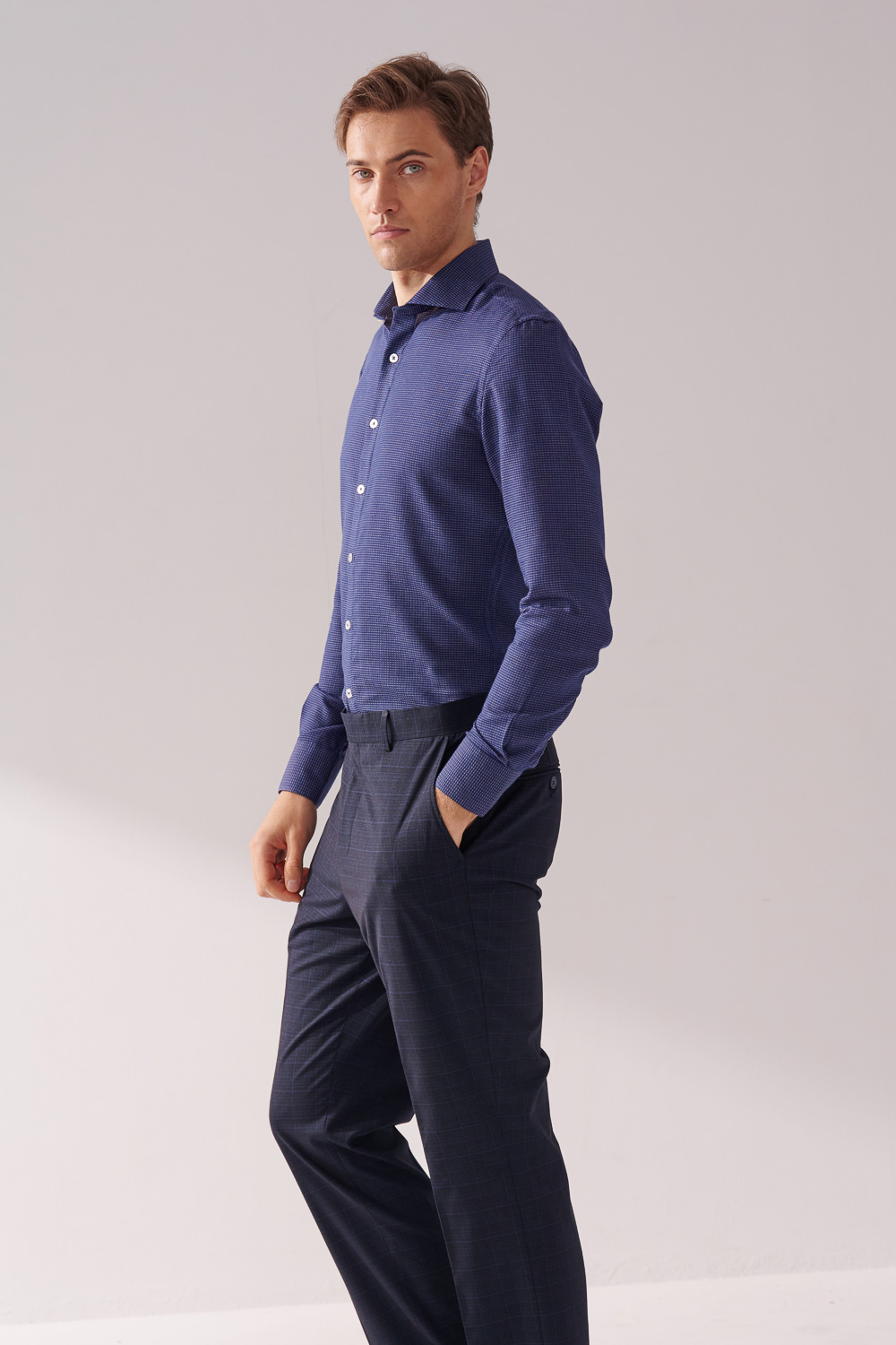 SST&C Dark Blue and White Textured Slim Fit Shirt | 00062410010_2